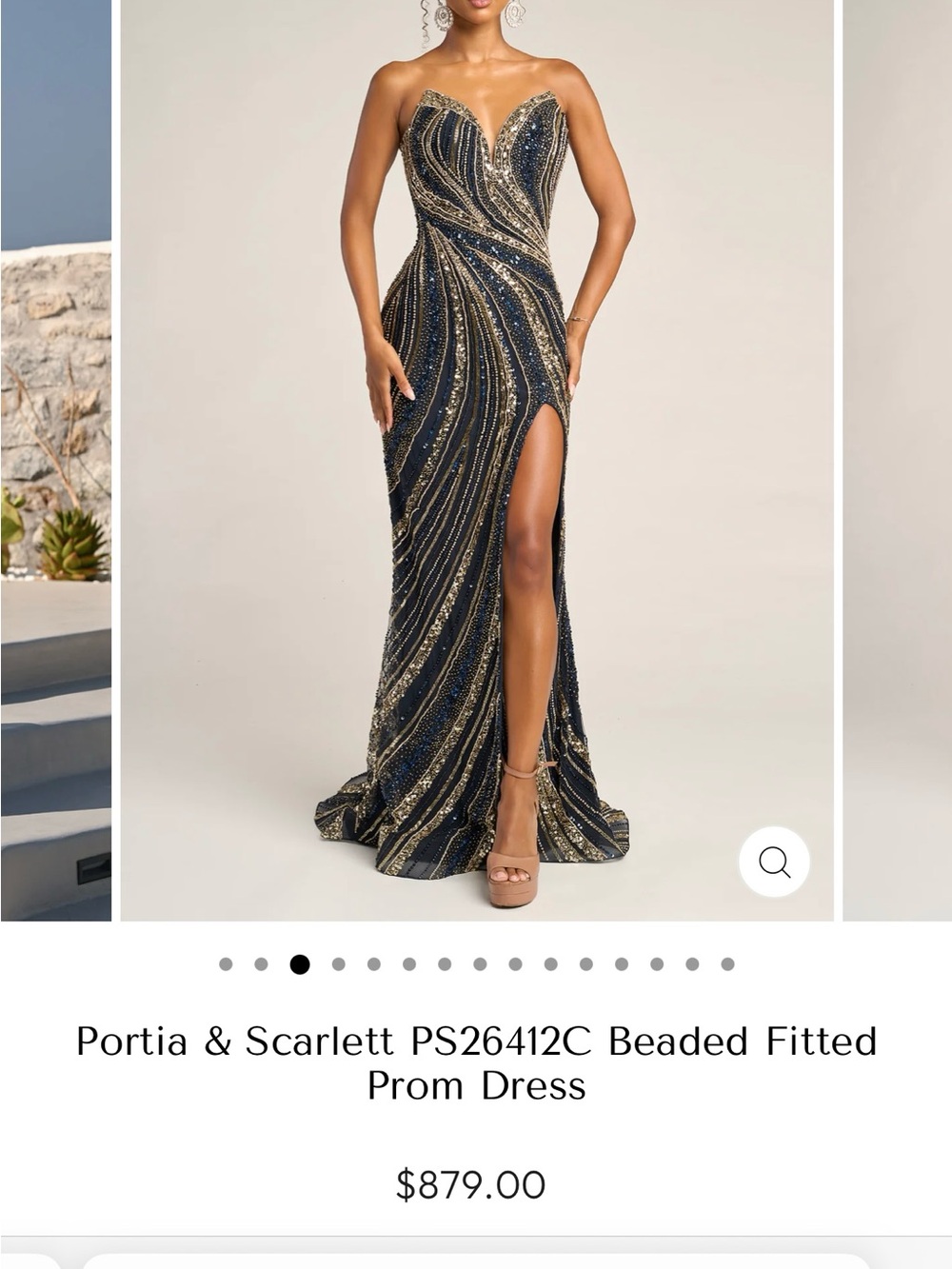 Portia and Scarlett’s Beaded Navy and Gold Strapless Evening Gown